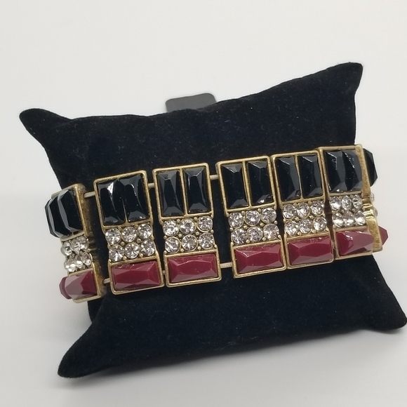 NWT J. Crew Factory stretch bracelet red black rhinestones on gold - Picture 1 of 4